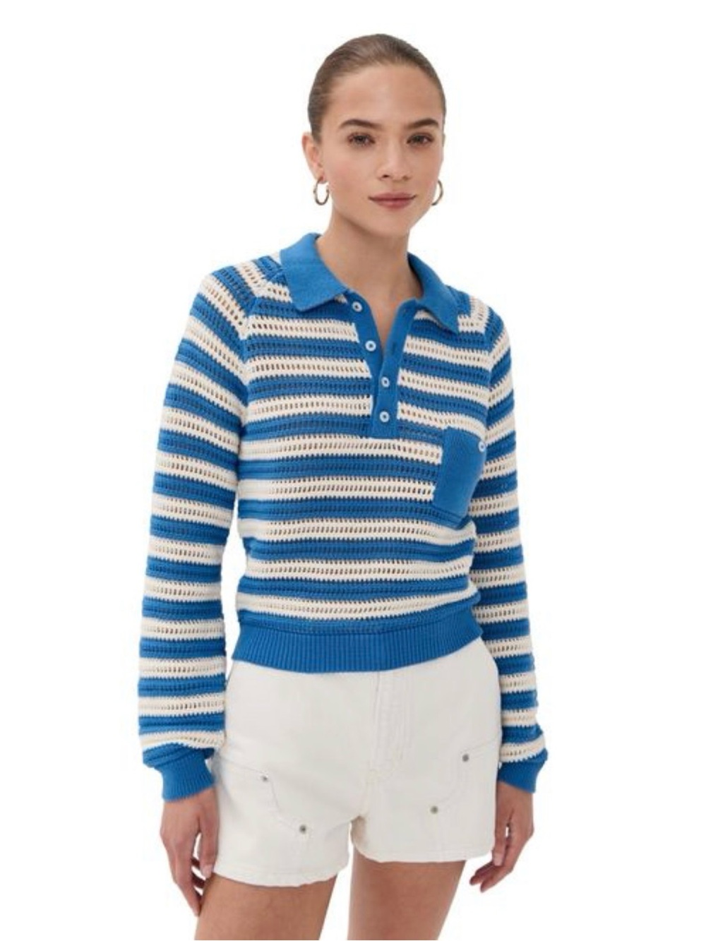 Alix Of Bohemia Blue & Cream Crochet-Style Striped Polo Sweater - Picture 2 of 3